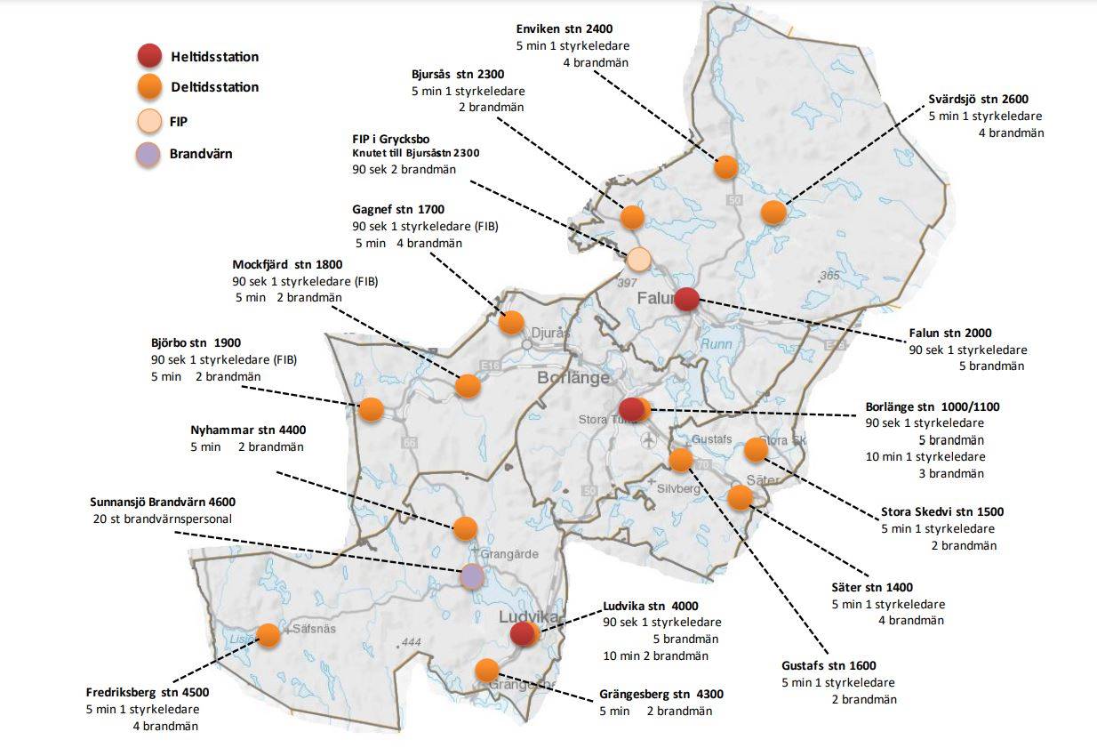 Syntolkning av bild: Karta visande placering av Räddningstjänsten Dala Mitts räddningsstationer